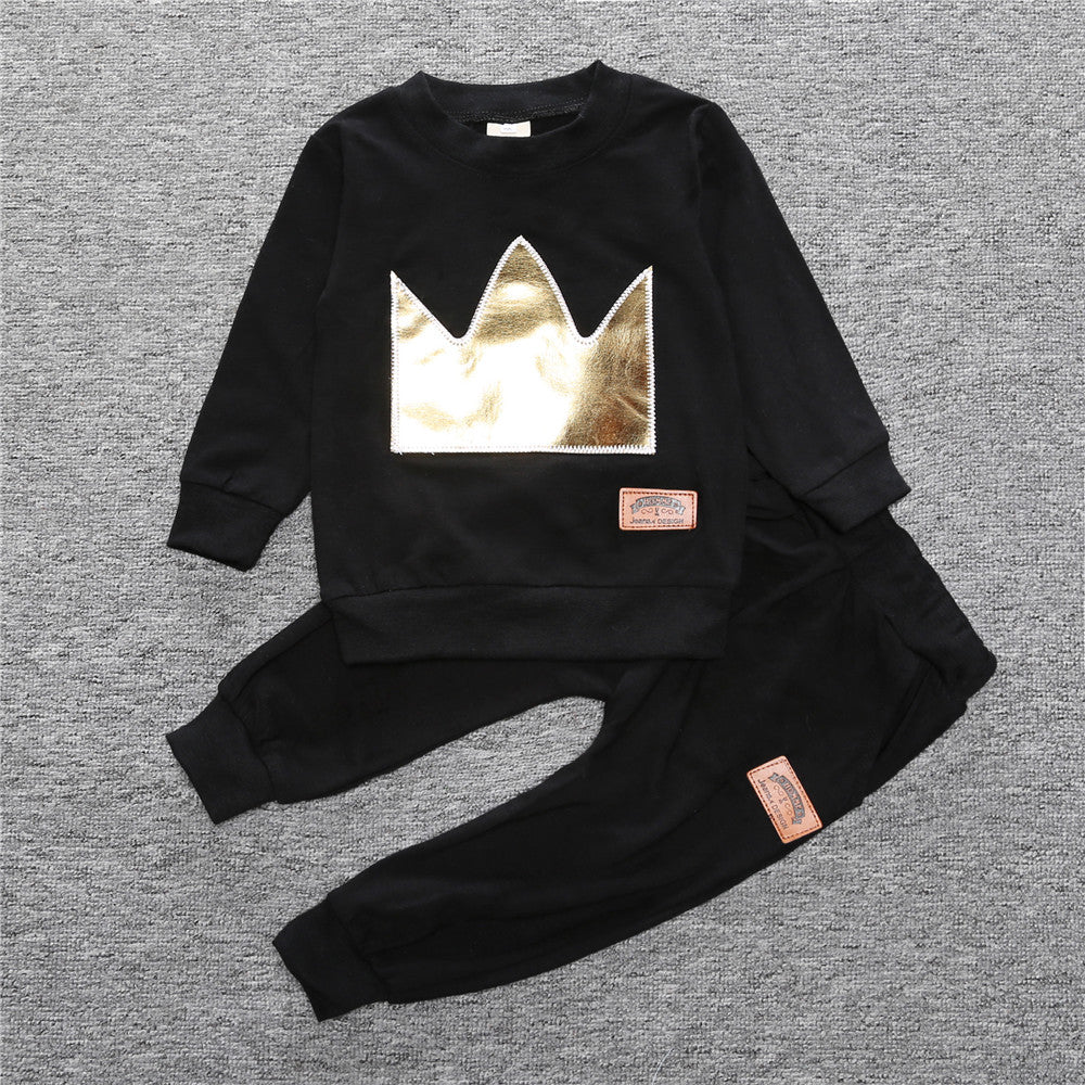 Black Two-piece Set with Crown Embroidery