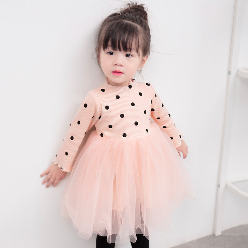 Girl's Polka Dot Long Sleeve Mesh Dress