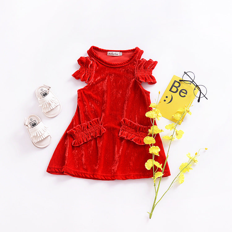 Velvet Frock Children's Strapless Lace Sleeve Dress Princess Dress